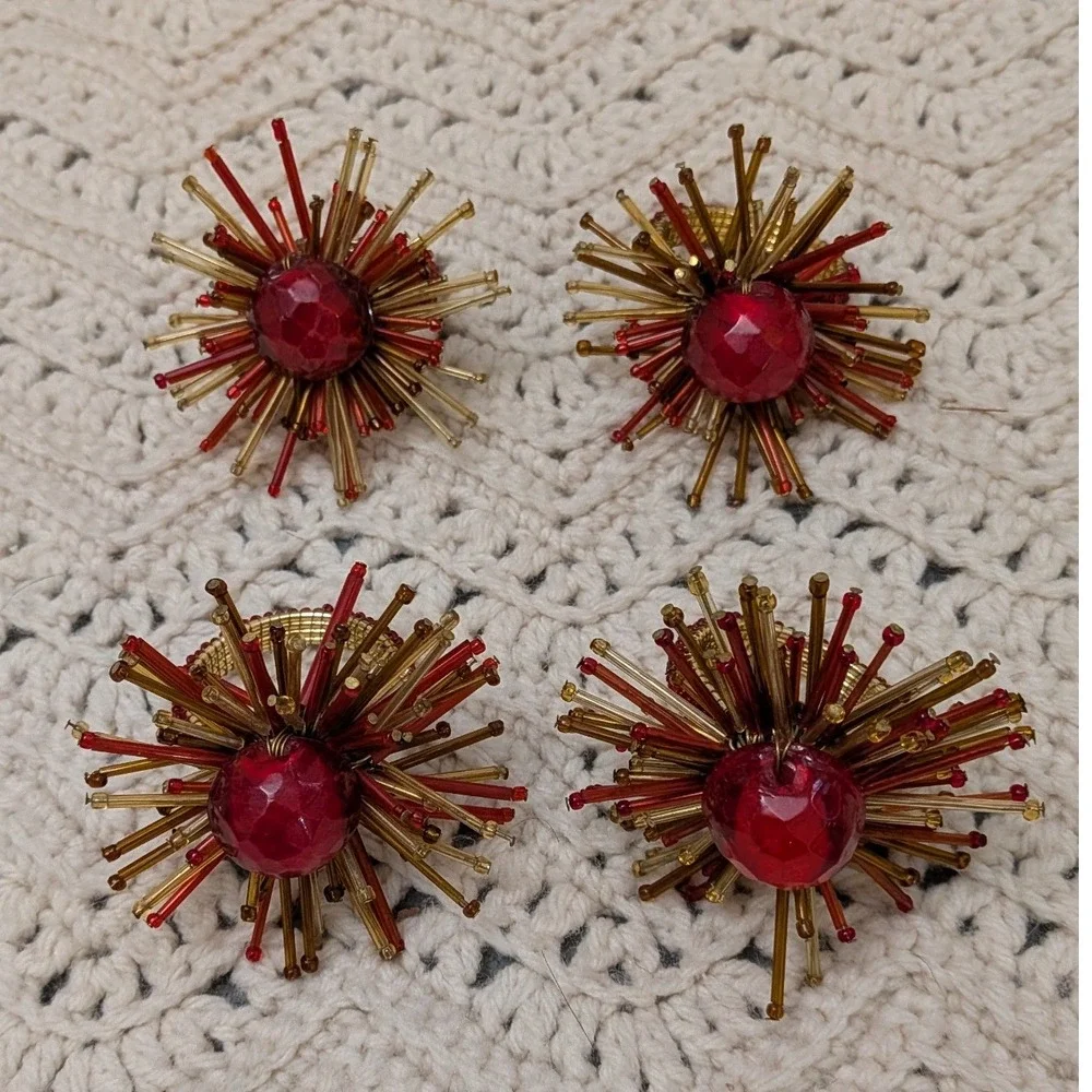 Vintage Beaded Starburst Napkin Rings Set of 4 Red Amber Gold Sunburst MCM Style